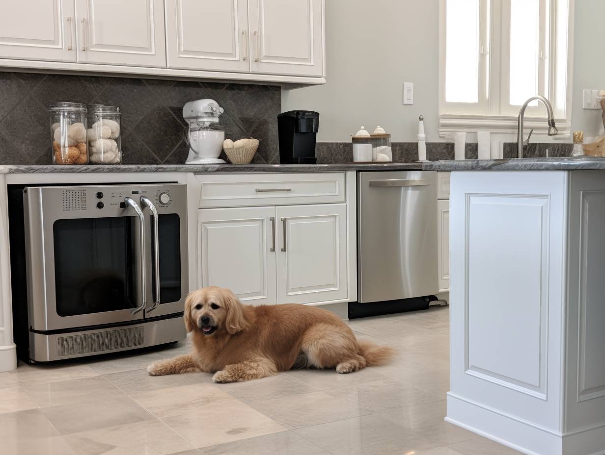 A spacious kitchen with an air fryer placed on a countertop. A curious pet is safely fenced off with a sturdy gate, observing the air fryer from a distance.