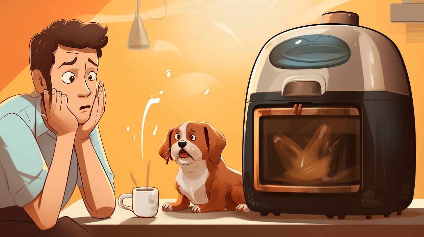 A worried pet owner looking at their air fryer while their pet sits nearby, with a thought bubble showing various harmful foods floating towards the pet.