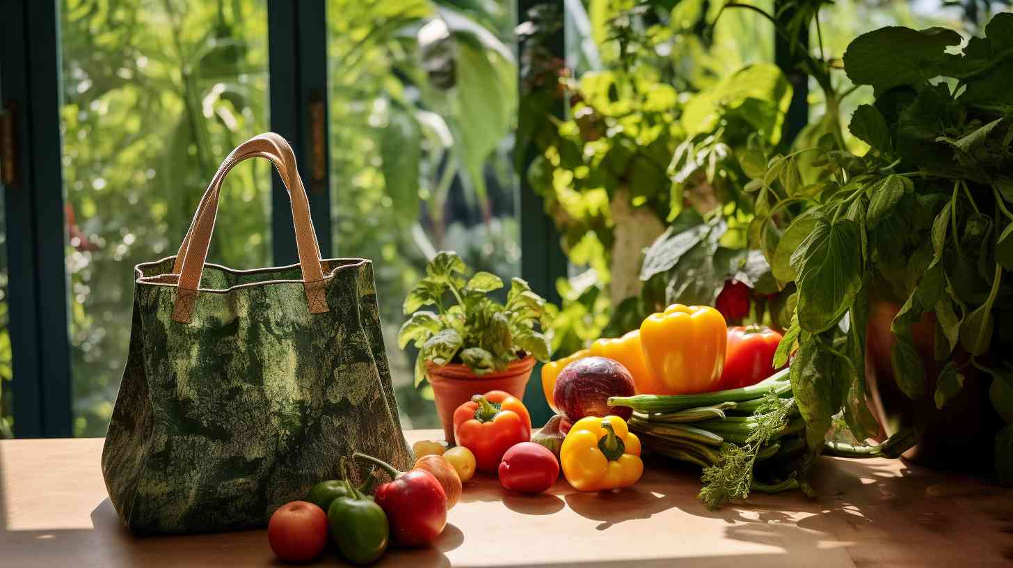A colorful kitchen countertop filled with fresh produce, a reusable shopping bag, and a stainless steel cooking utensil, set against a lush green garden backdrop.