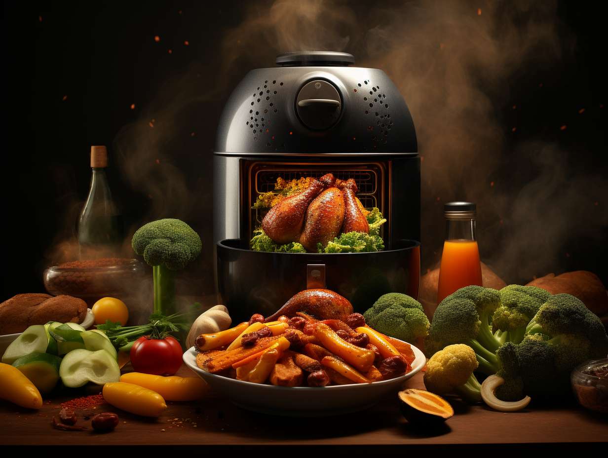 A black air fryer with a non-toxic ceramic coating, surrounded by an assortment of colorful vegetables and meats, representing the search for safer alternatives to Teflon.