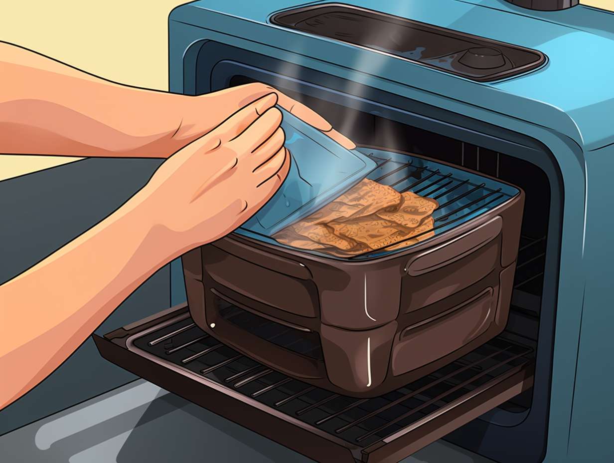 A person gently washing the removable parts of a Teflon-coated air fryer with a soft sponge, avoiding abrasive materials. The cleaned parts are shown drying and being stored safely.