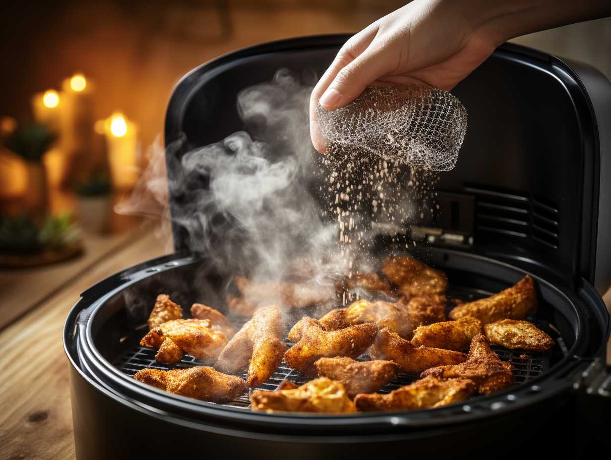 A person cooking with an air fryer, showing Teflon coating peeling off into the food, highlighting potential health concerns.