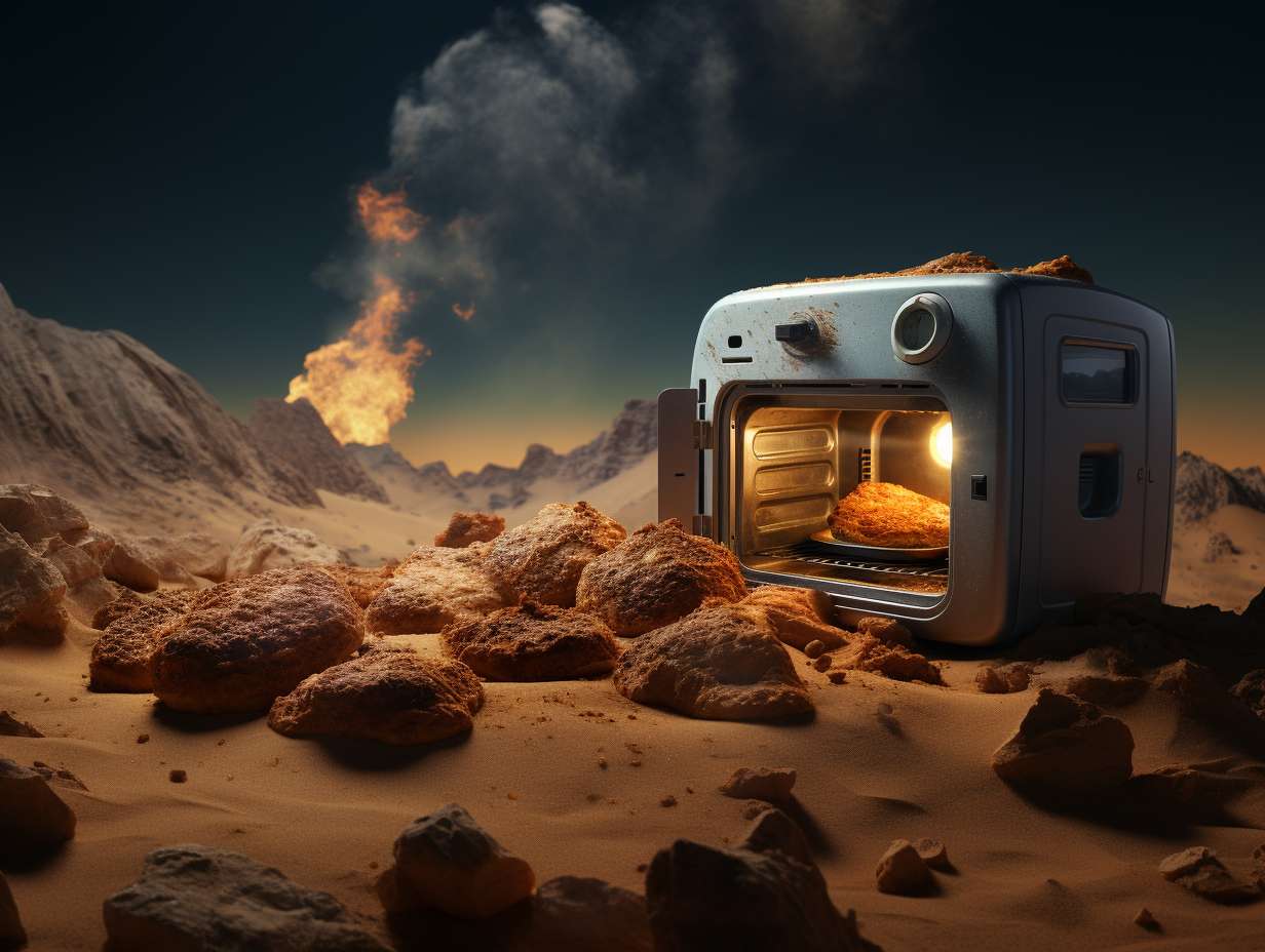 A barren landscape with a damaged ozone layer overhead, while an air fryer emits carbon emissions, symbolizing the contrast between convenience and environmental impact.