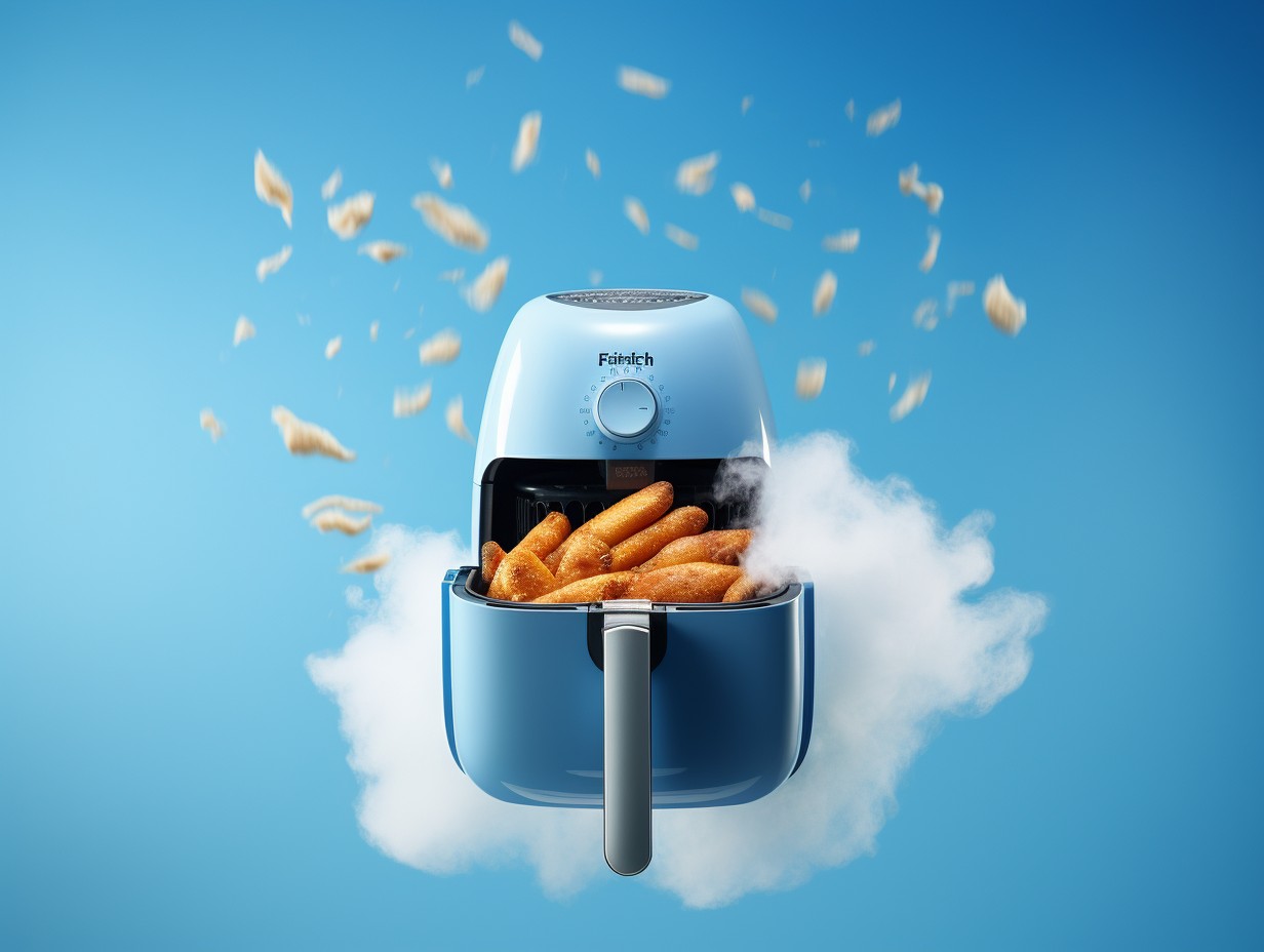 Dense cloud of smoke emerging from an air fryer against a pristine blue sky backdrop, representing the potential negative impact of air fryers on air quality and emissions.