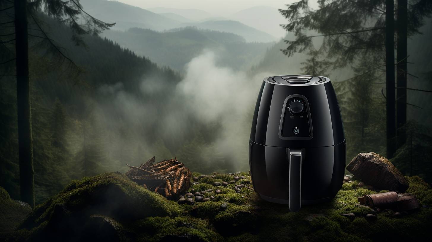 An air fryer emitting dark smoke placed in a dense forest backdrop.