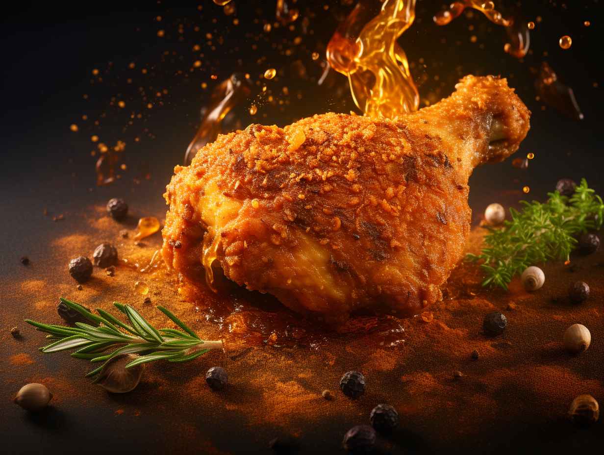 Golden, crispy exterior of an air-fried chicken drumstick, revealing succulent, juicy meat inside.