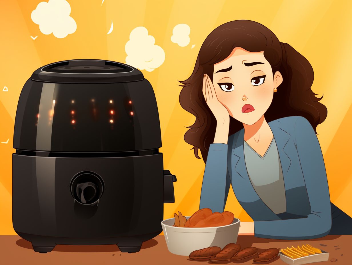 A frustrated person staring at a burnt and unevenly cooked batch of food in an air fryer.