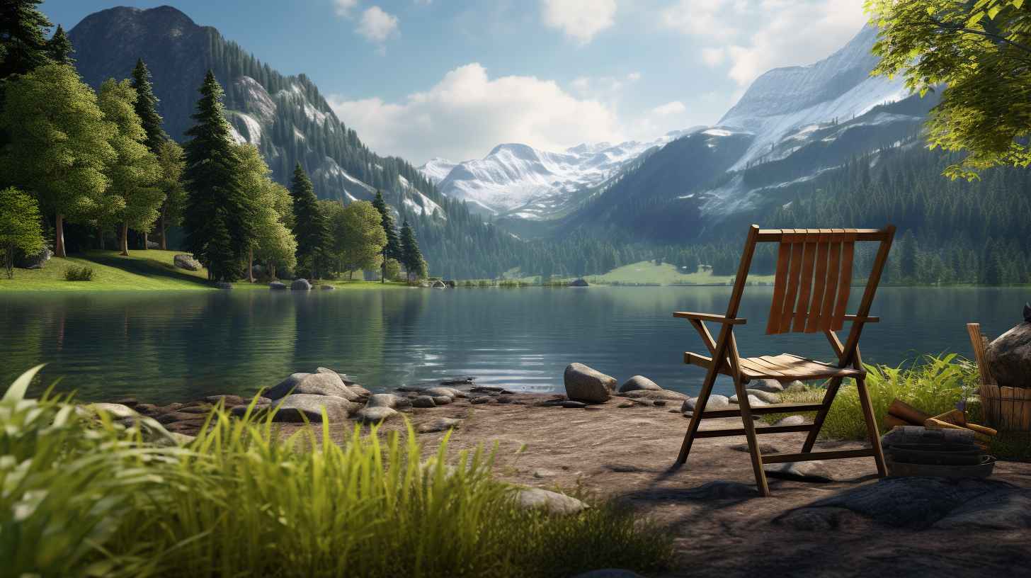 A serene lakeside camping scene with a sturdy camping chair amidst lush greenery, a crystal-clear lake reflecting surrounding mountains in the background.