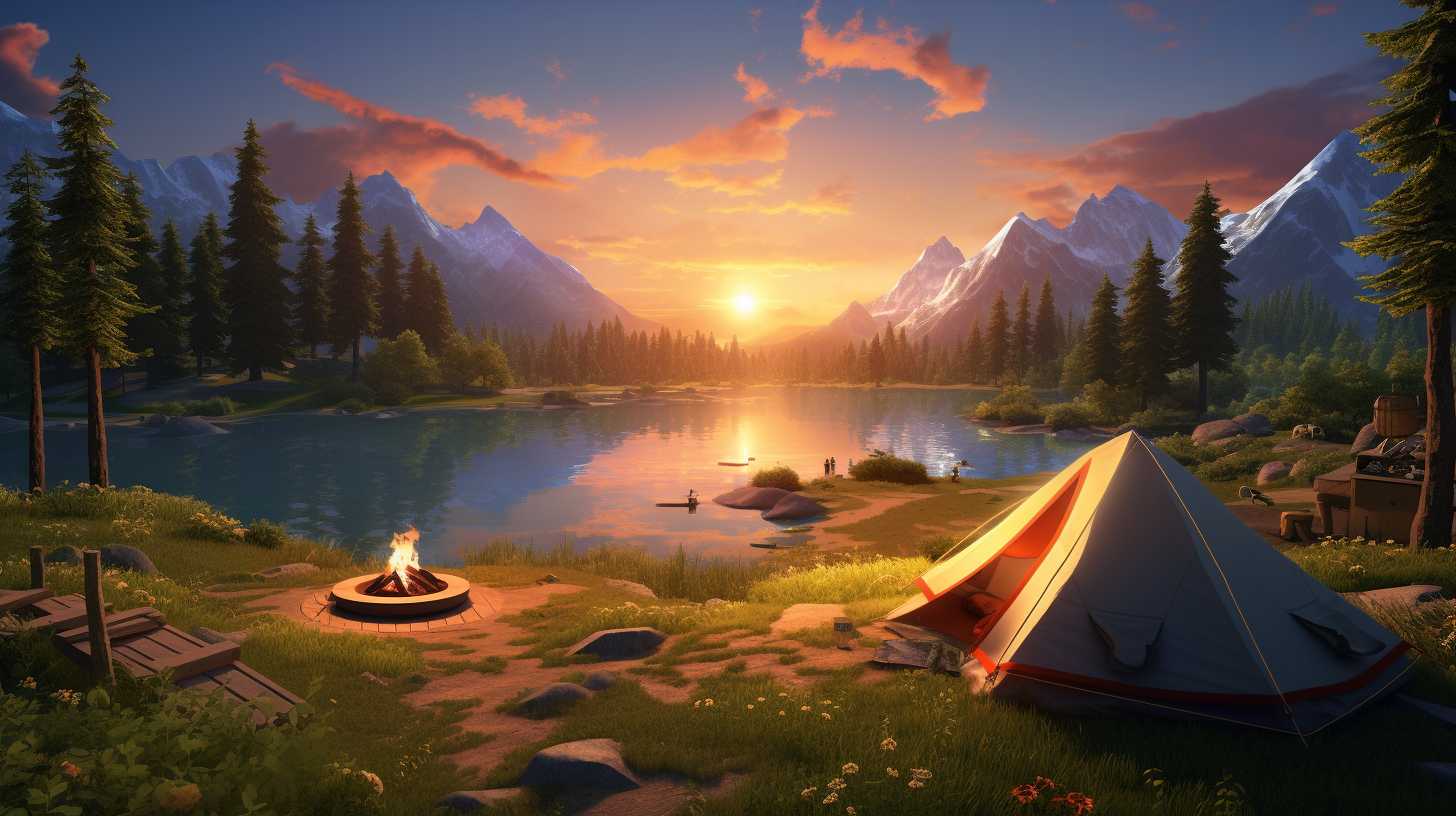 A person peacefully lying on a hybrid camping mat in a luxurious tent, surrounded by lush nature and a stunning sunset.