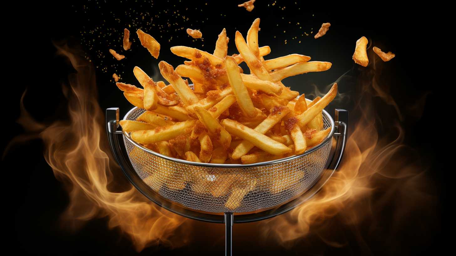 Golden batch of French fries suspended mid-air inside an air fryer, surrounded by a swirling vortex of hot air, representing efficient and healthy cooking technique.