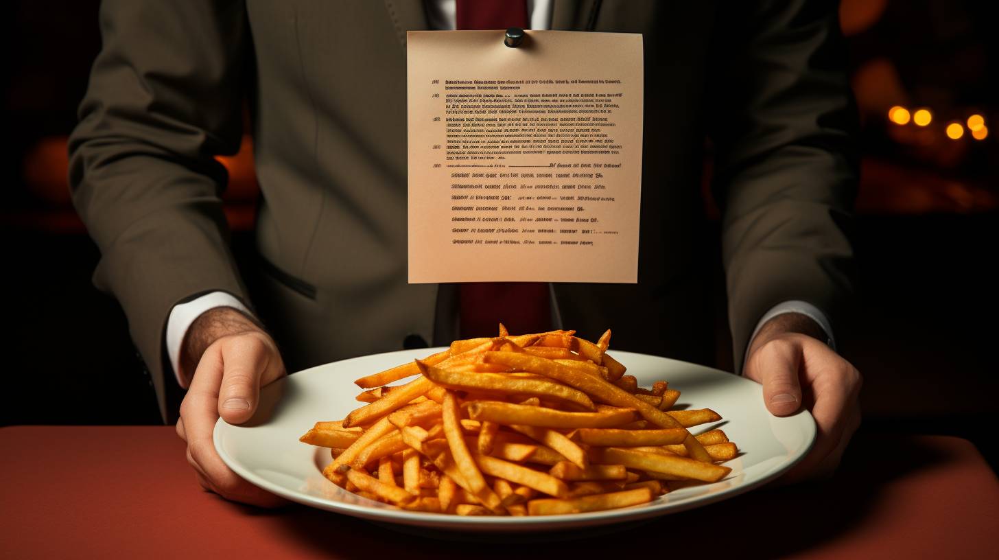 A plate of golden, crispy air-fried French fries next to a list of potential drawbacks. A disappointed person holds their stomach, highlighting the negative impact on digestion.