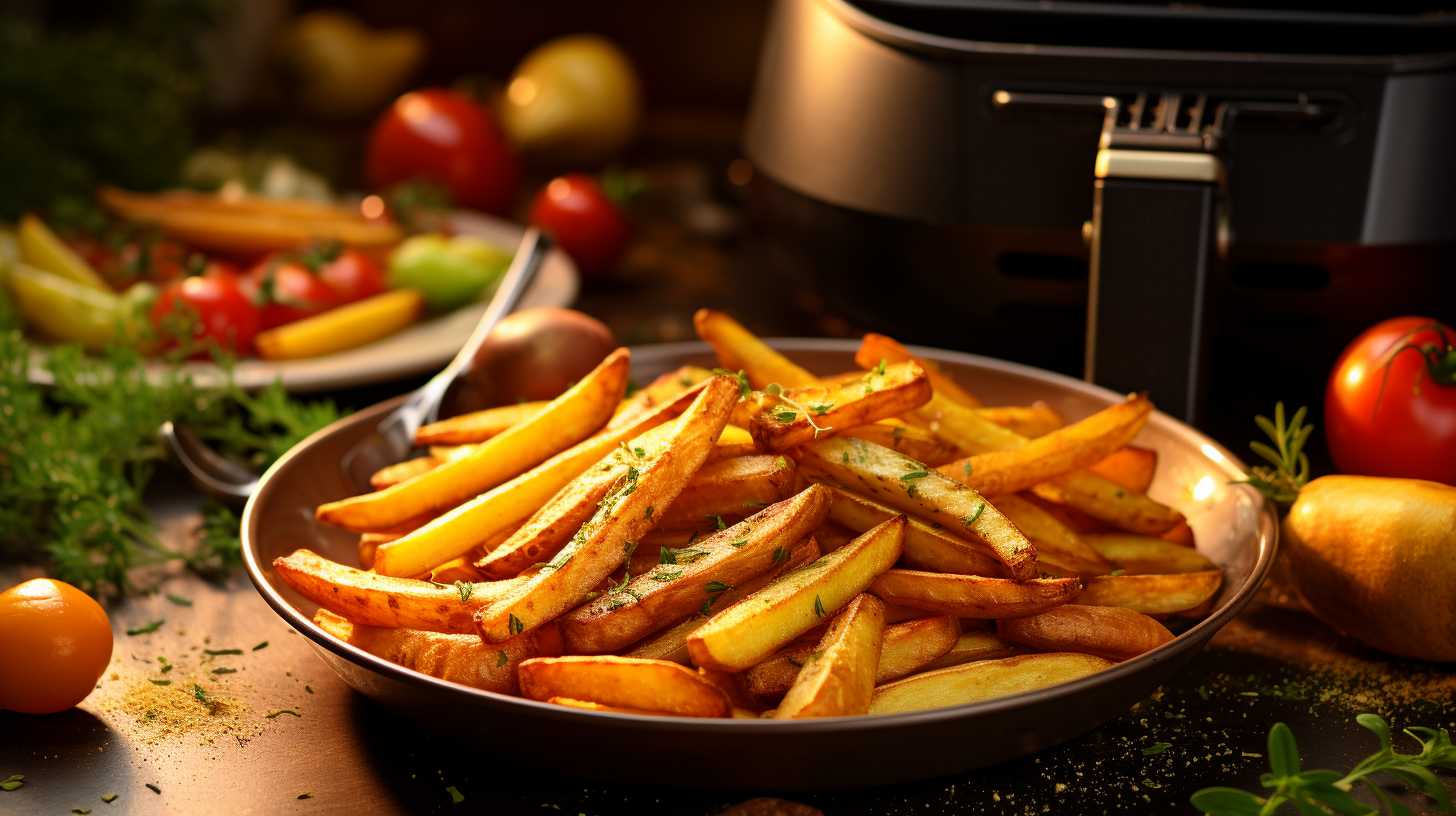 Golden and crispy French fries emerging from an air fryer, perfectly seasoned and accompanied by colorful vegetables, representing a healthy and guilt-free indulgence.