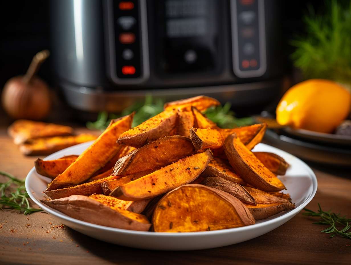 A golden-brown sweet potato cooked in an air fryer, with a crispy exterior and moist interior. The vibrant orange color indicates a high level of vitamins and antioxidants.