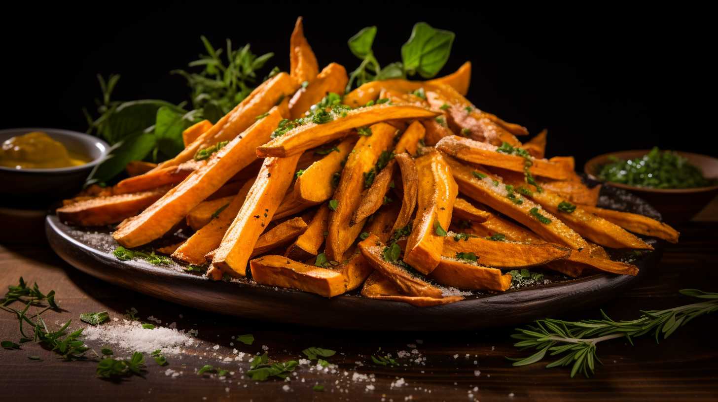 Golden crispy sweet potato fries glistening with olive oil, perfectly seasoned with sea salt and accompanied by a vibrant assortment of fresh herbs and spices.