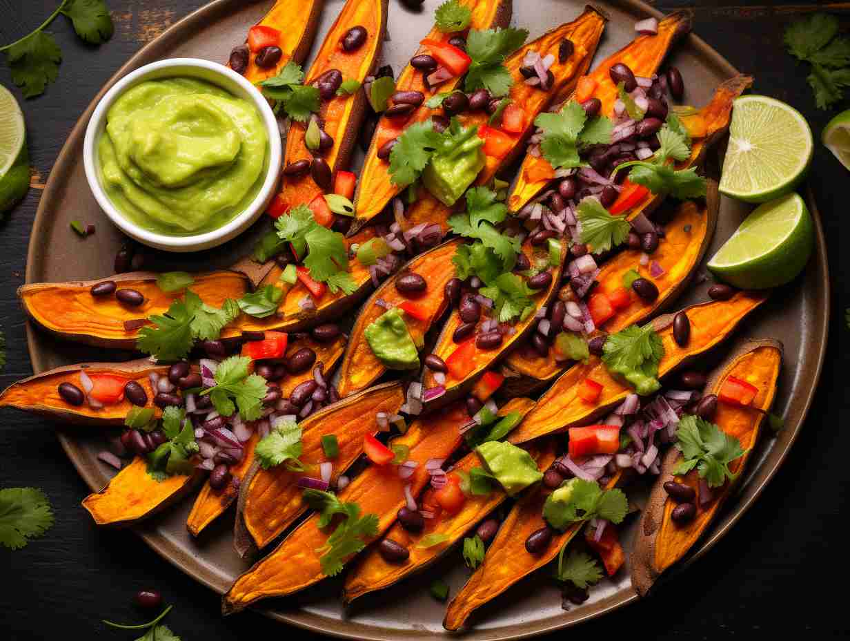 A colorful image of vibrant sweet potato wedges cooked to perfection in an air fryer, topped with avocado, black beans, and chopped cilantro, showcasing the nutritious possibilities of this cooking method.