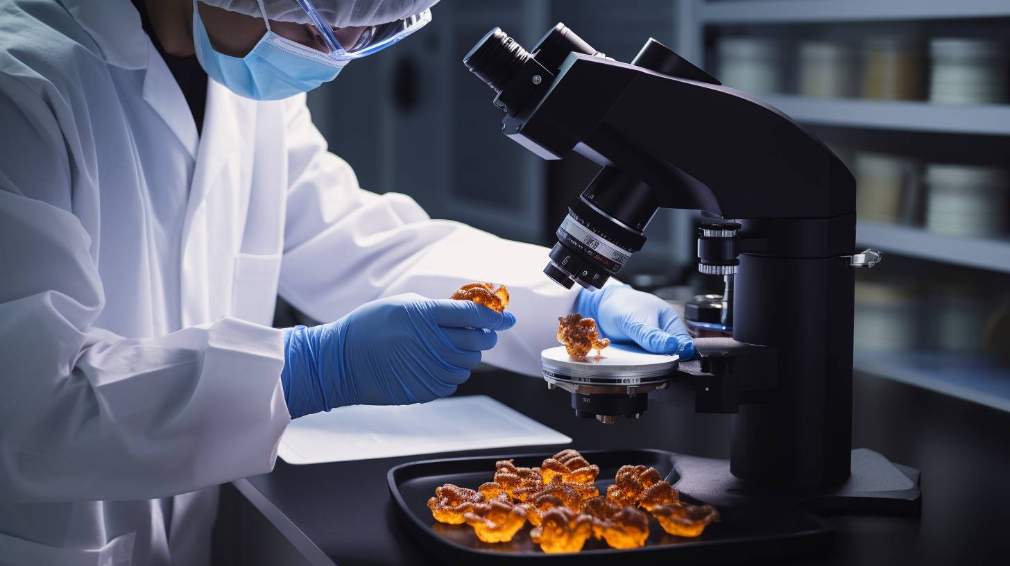 Scientist wearing protective gloves examining a Teflon-coated air fryer under a microscope, emphasizing the importance of Teflon-related studies for understanding potential health risks.