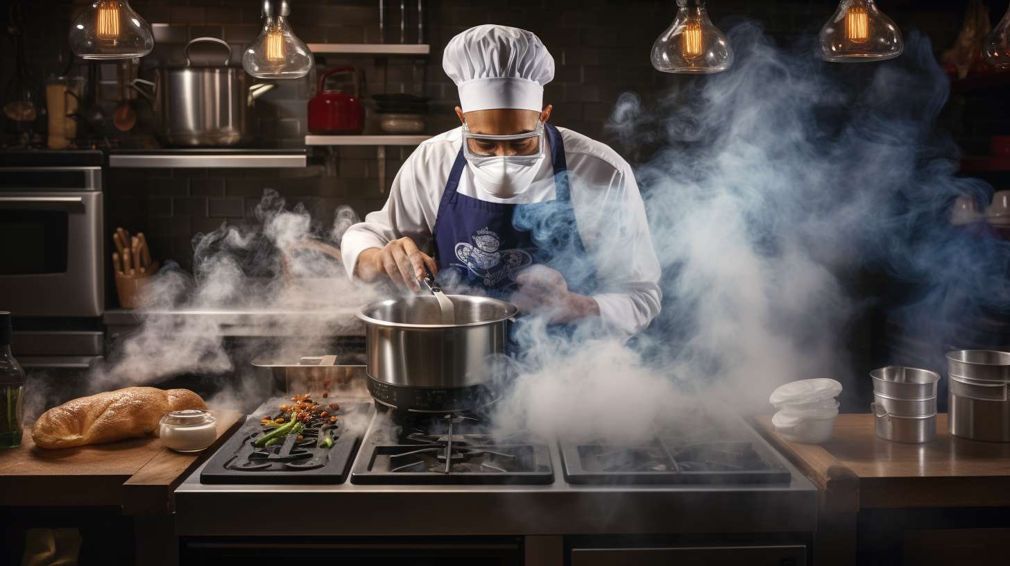 A person cooking with a Teflon air fryer, coughing due to fumes emanating from it