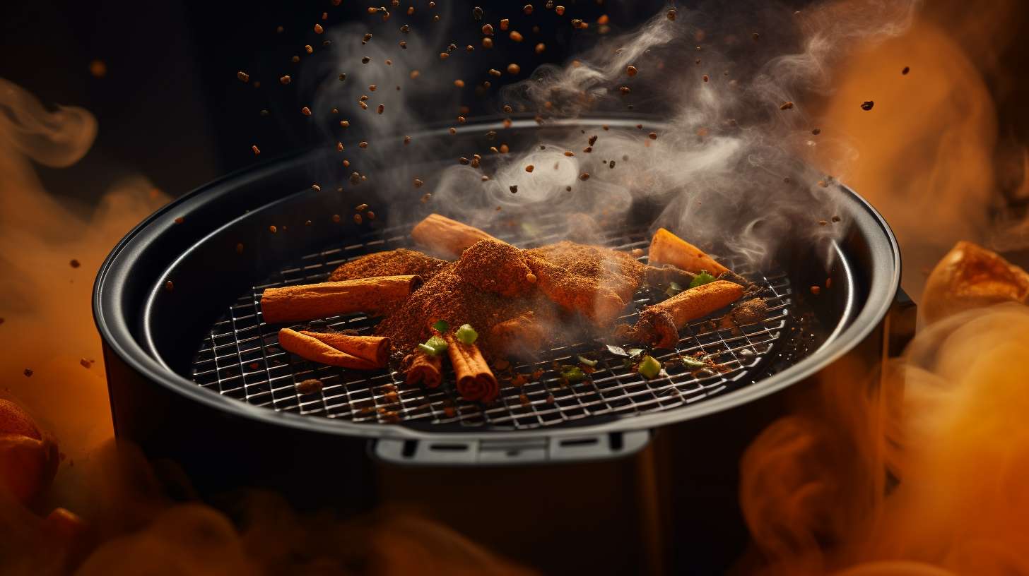 Close-up shot of a Teflon-coated air fryer basket emitting smoke, surrounded by charred food particles and a faint chemical odor, highlighting potential health risks.