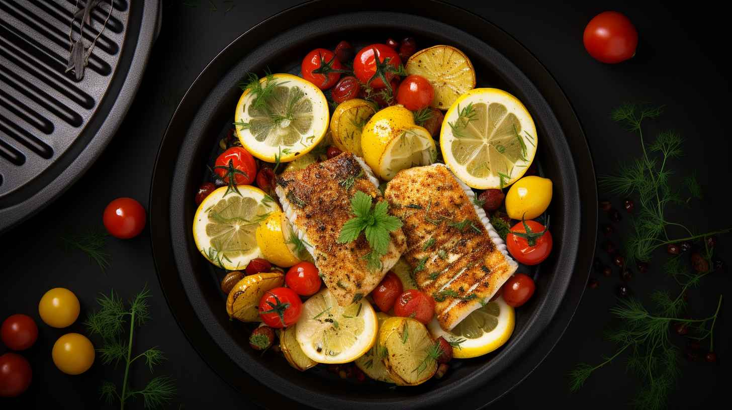 Golden-brown crispy fish fillet seasoned with aromatic herbs and spices, served with zesty lemons, fresh dill, and vibrant cherry tomatoes, cooked to perfection in an air fryer.