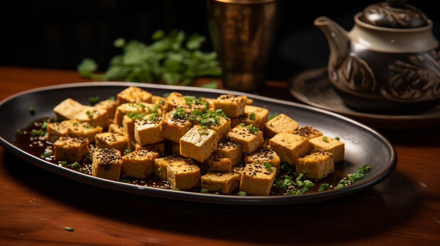 Golden crispy tofu bites arranged attractively on a platter, garnished with fresh herbs and sesame seeds, served with a side of tangy dipping sauce.