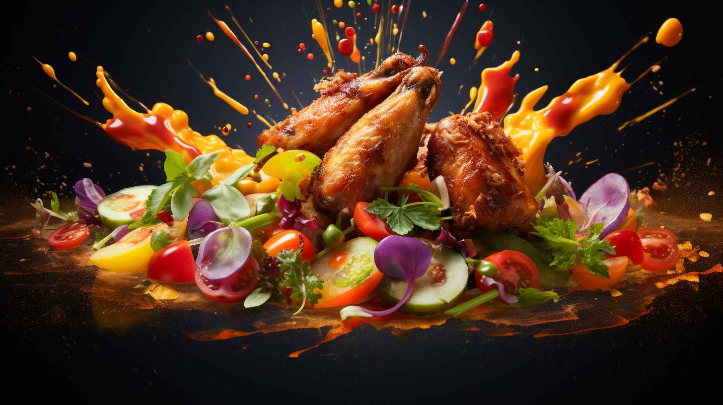 A golden-brown, crispy chicken wing floating in mid-air, surrounded by a vibrant mix of colorful vegetables, cooked to perfection and seasoned with tantalizing aromas.