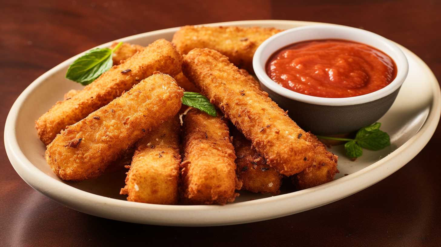 Golden-brown, crispy mozzarella sticks arranged on a platter with marinara sauce for dipping.