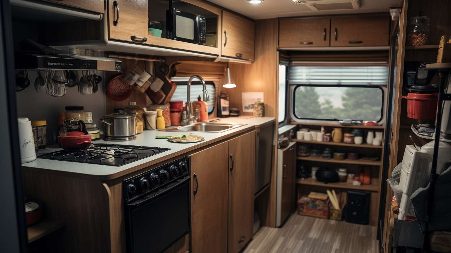 A fully stocked RV kitchen with non-stick cookware, stainless steel utensils, a compact propane stove, a foldable dining table, and a pantry filled with canned goods and spices.