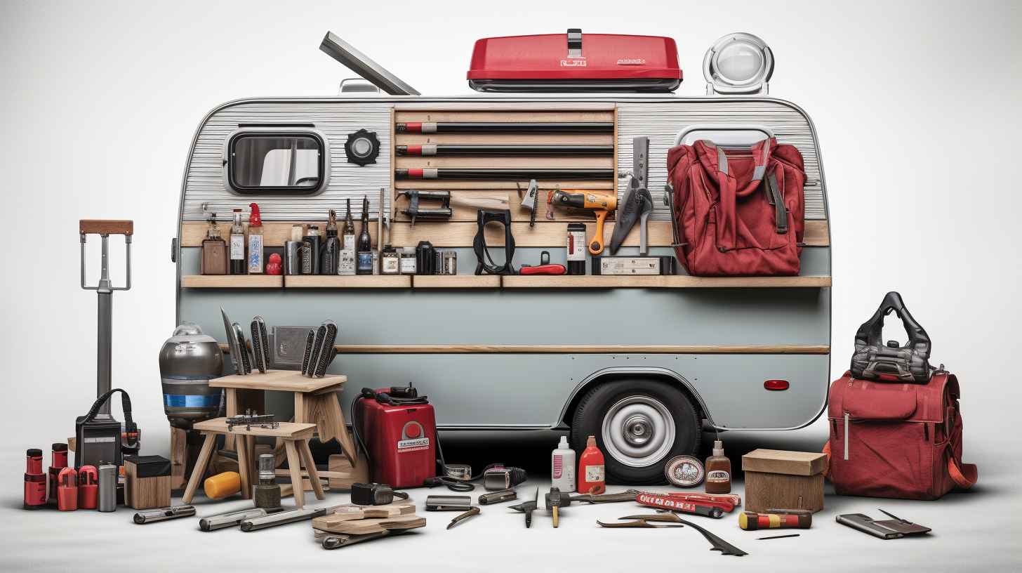 Essential maintenance and repair tools for RV camping, including wrenches, pliers, a tire pressure gauge, electrical tester, duct tape, lubricants, and spare parts like fuses and bulbs.