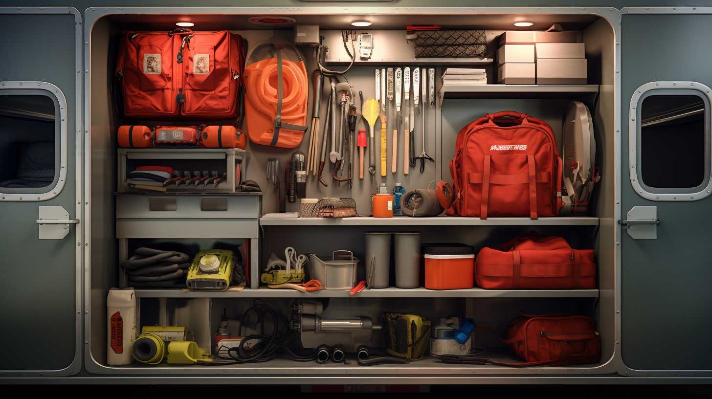 A well-organized RV storage compartment showcasing safety and emergency gear essentials such as a fire extinguisher, first aid kit, reflective triangles, LED flashlight, and a compact tool kit.