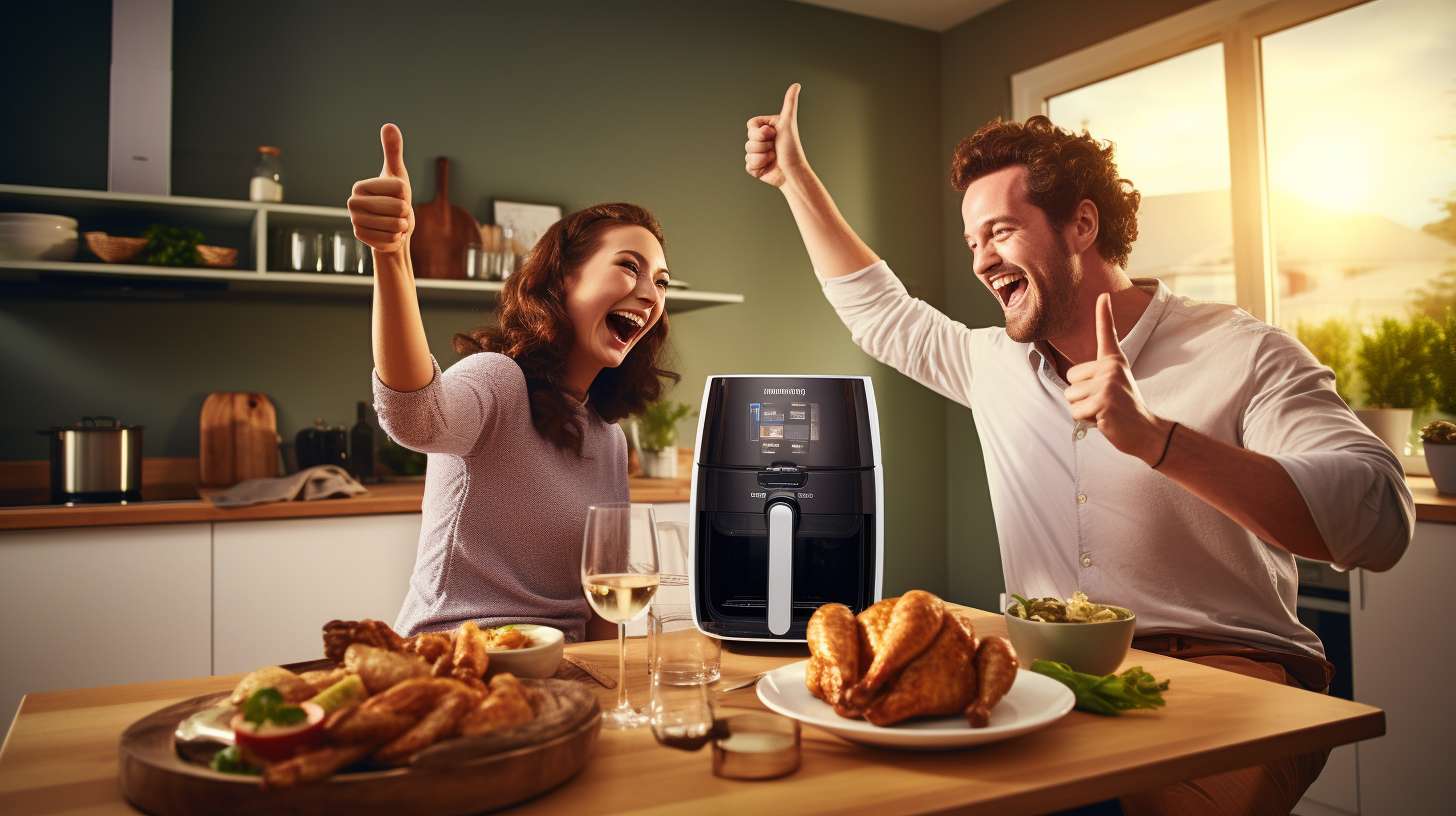 Two happy customers enjoying their guilt-free meals with smiles and thumbs up gestures while using the Buffalo Air Fryer and the Philips Airfryer.