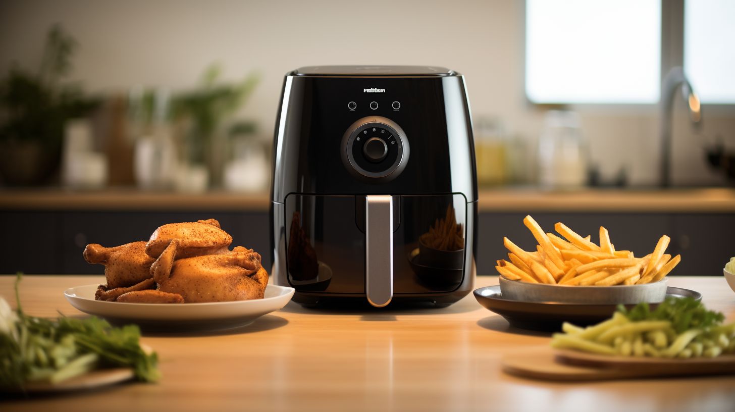 Two sleek and modern air fryers side by side - the robust Buffalo Air Fryer with a bold stainless steel exterior and the elegant Philip Airfryer with a sleek black finish.