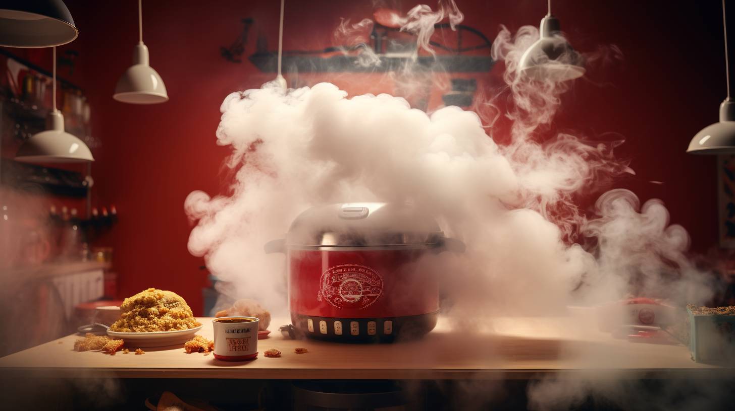 An air fryer emitting smoke with a red flashing smoke alarm beside it