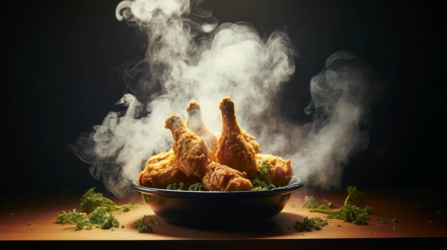 A perfectly golden crispy chicken drumstick emerging from an air fryer, surrounded by a faint wisp of smoke dissipating into the air.