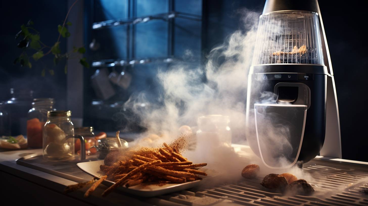 A sleek and modern kitchen with an air fryer in action, emitting a gentle column of smoke, as the cook explores the fascinating realm of alternative cooking methods.