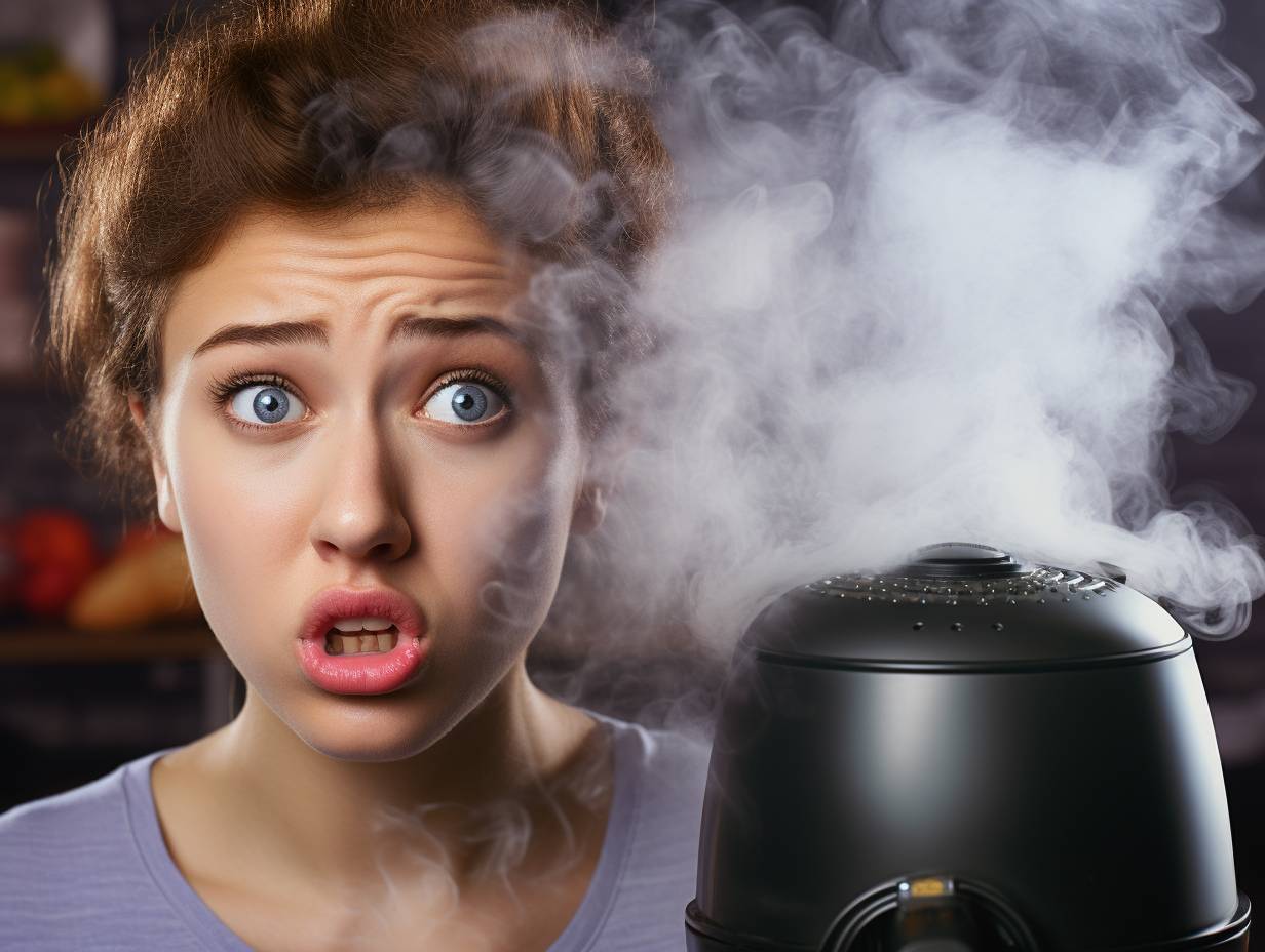 Close-up shot of a persons face with noticeable acne, looking puzzled while an air fryer emits smoke in the background.