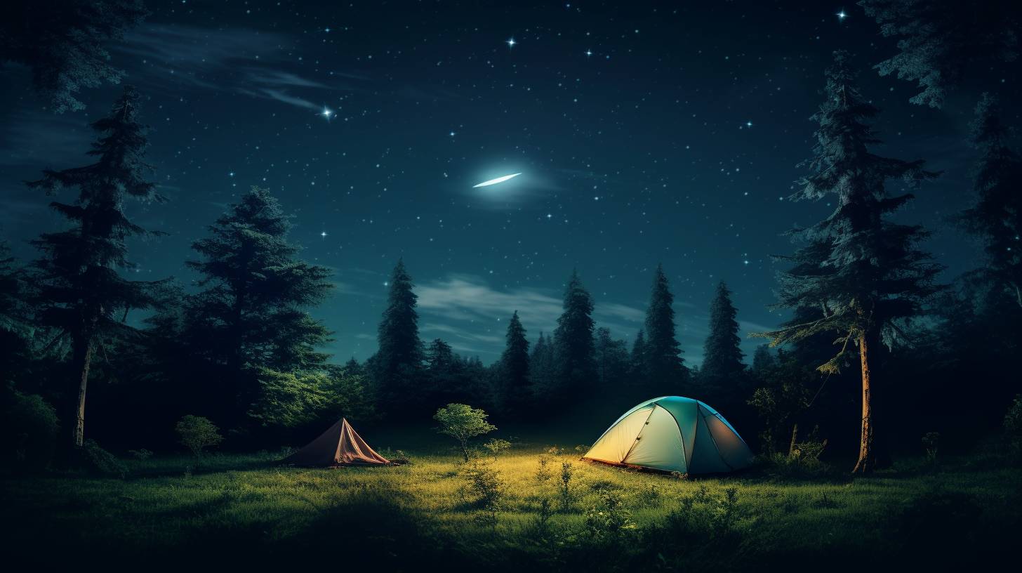 A serene campsite with a tent surrounded by lush trees under a clear night sky.