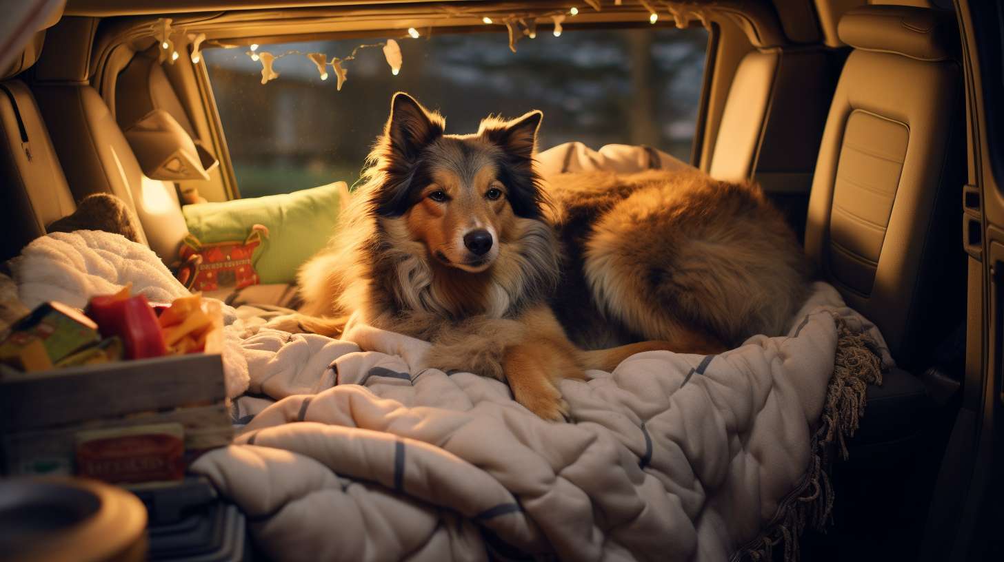 A cozy car sleeping setup for dogs during camping, featuring a spacious interior with a plush dog bed, soft blankets, and scattered favorite toys.