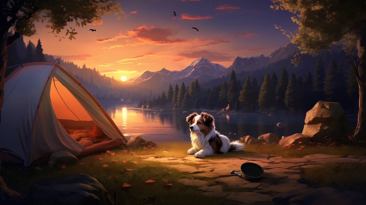 A peaceful campground scene at dusk, with a cozy tent illuminated by a soft campfire glow. A contented dog lies curled up on a plush camping mat, peacefully snoozing under a starry sky.