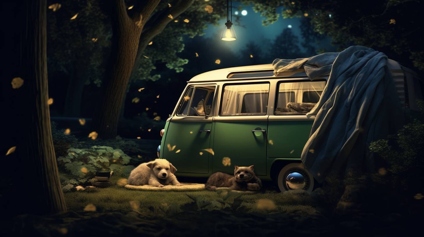 A cozy car parked in a lush forest at night, with a dog curled up on a soft blanket, illuminated by moonlight streaming through the windows.