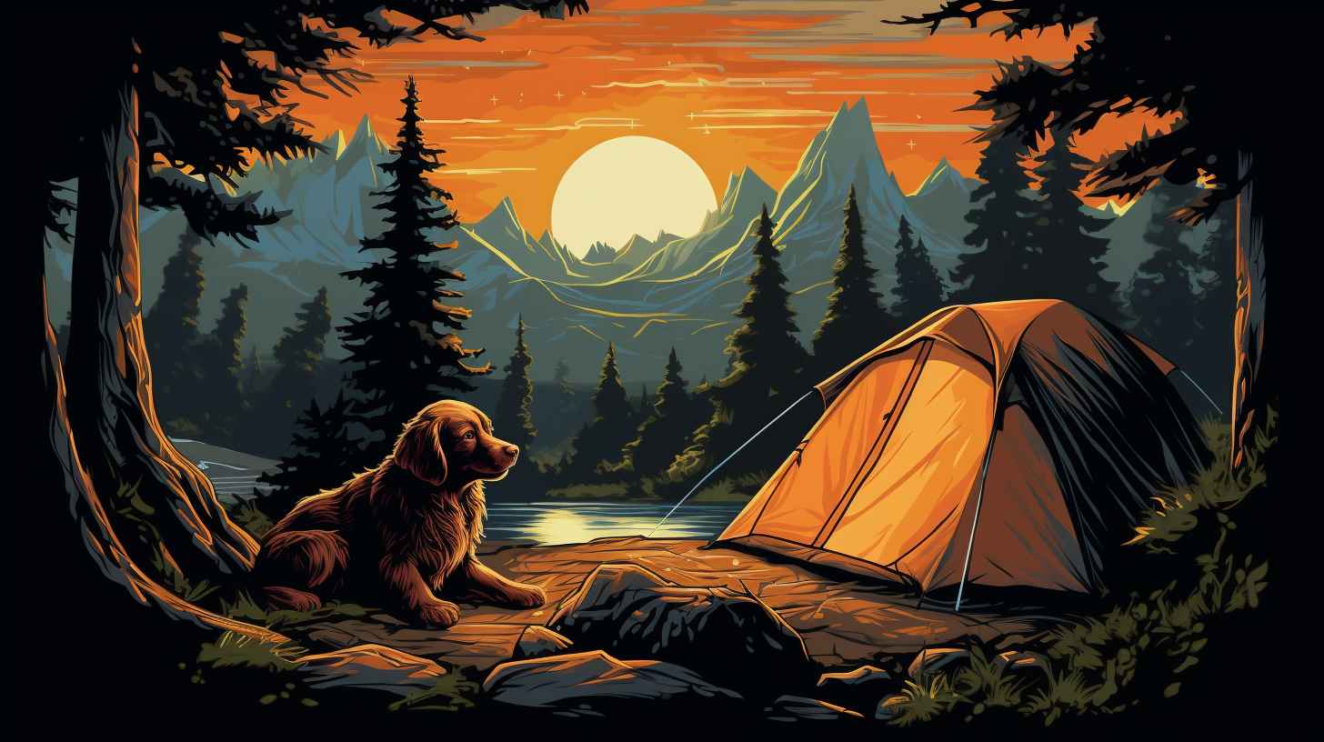 A serene campsite at night with a cozy tent lit by a warm glow inside. Outside, a contented dog peacefully sleeps on a comfortable bed, surrounded by nature's beauty.