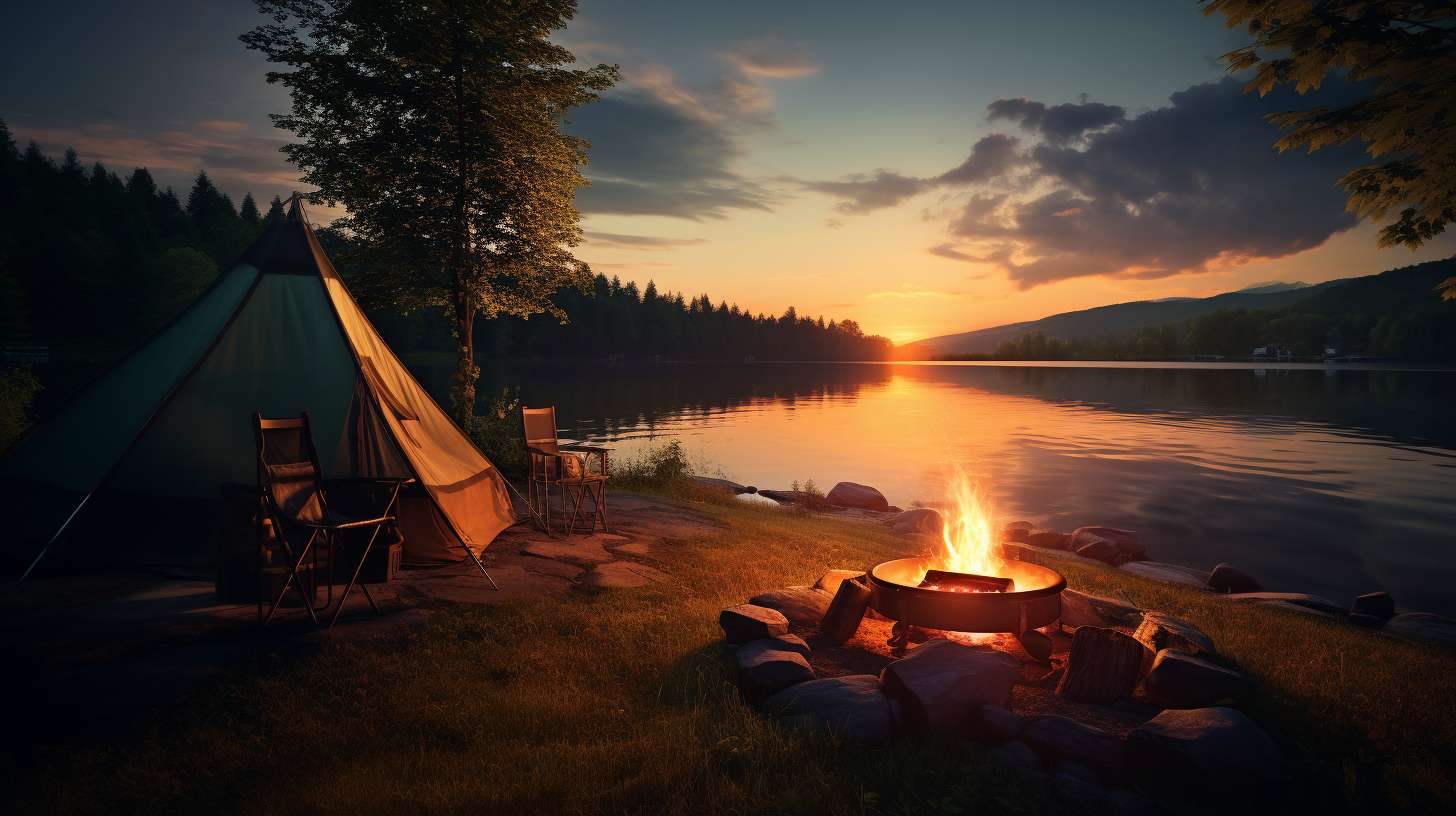 A serene lakeside camping scene with a crackling campfire, a kettle suspended over the flames, and steam gently rising as the sun sets in the background.