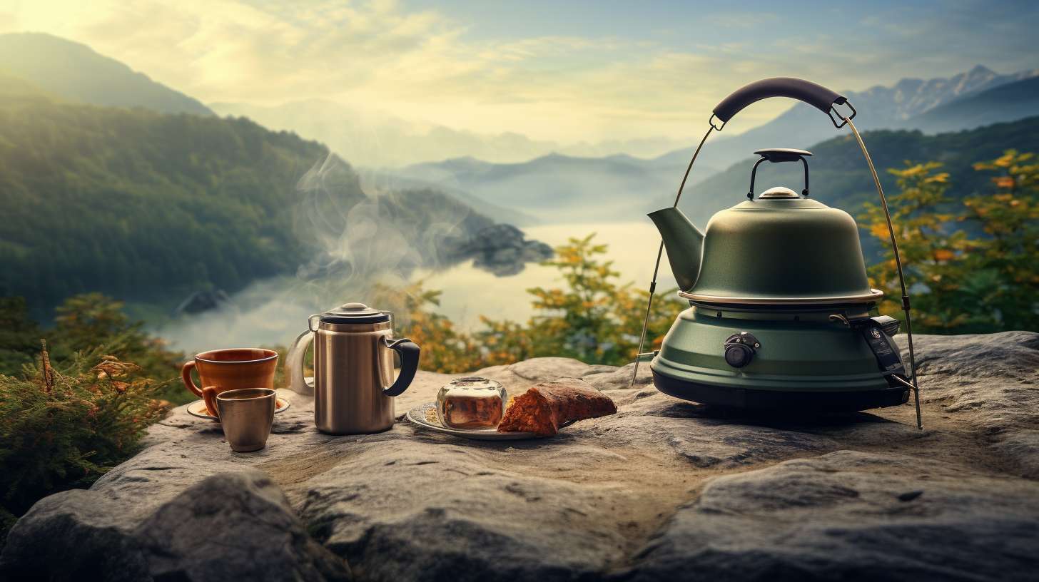 A serene campsite with a crackling campfire surrounded by nature. In the foreground, a camper expertly pours hot water from a traditional kettle into a mug on a portable stove, creating steam for a cozy morning beverage.