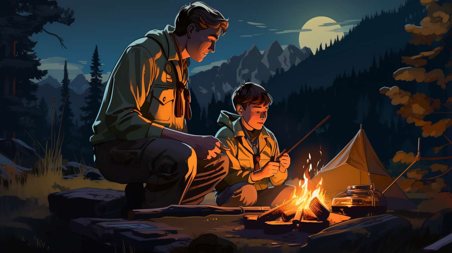 A parent and a Boy Scout setting up a tent together, cooking over a campfire, and hiking side by side, illustrating the diverse roles parents can play in a Boy Scout camping trip.