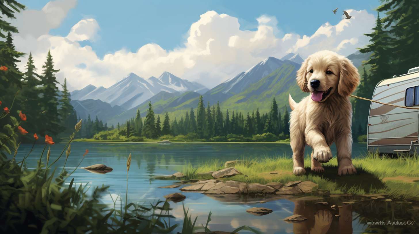 A joyful puppy playing fetch in a scenic camping spot, surrounded by lush greenery and a sparkling lake.