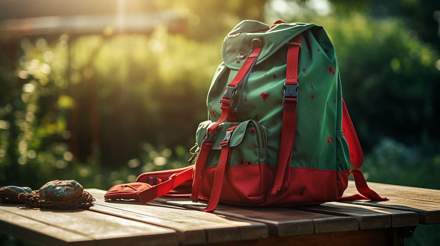 Close-up of a camping backpack on a wooden picnic table, with tiny red chiggers crawling on the fabric in the warm sunlight, surrounded by vibrant greenery.