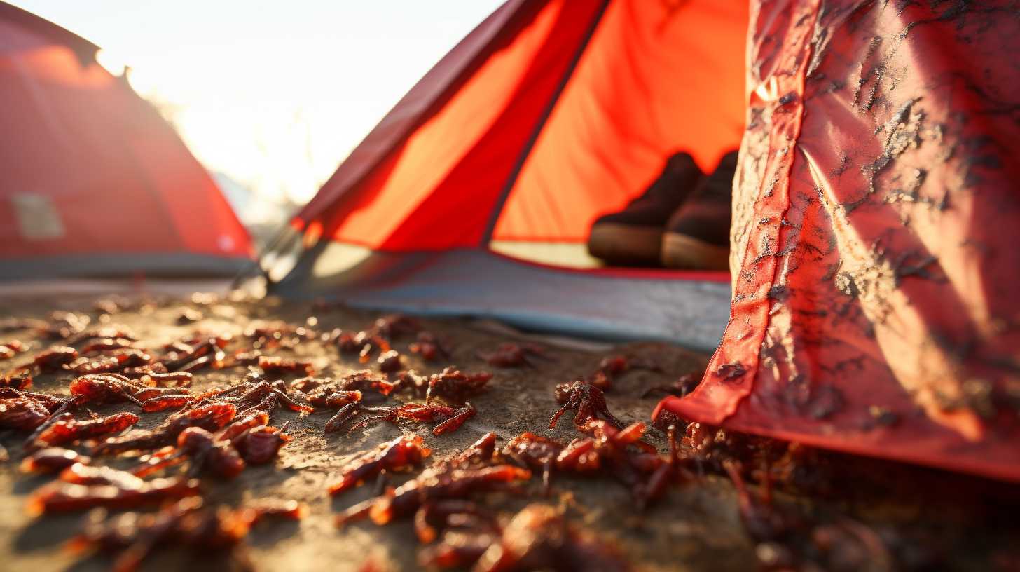 Close-up of a tent covered in chiggers, with tiny reddish bodies clinging to the fabric, emphasizing the risk of infestation to your gear.