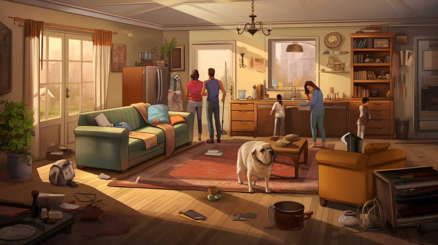 A cozy living room scene with a family returning from camping, inspecting their belongings, vacuuming carpets, washing clothes, and using anti-itch creams to combat chigger infestation at home.