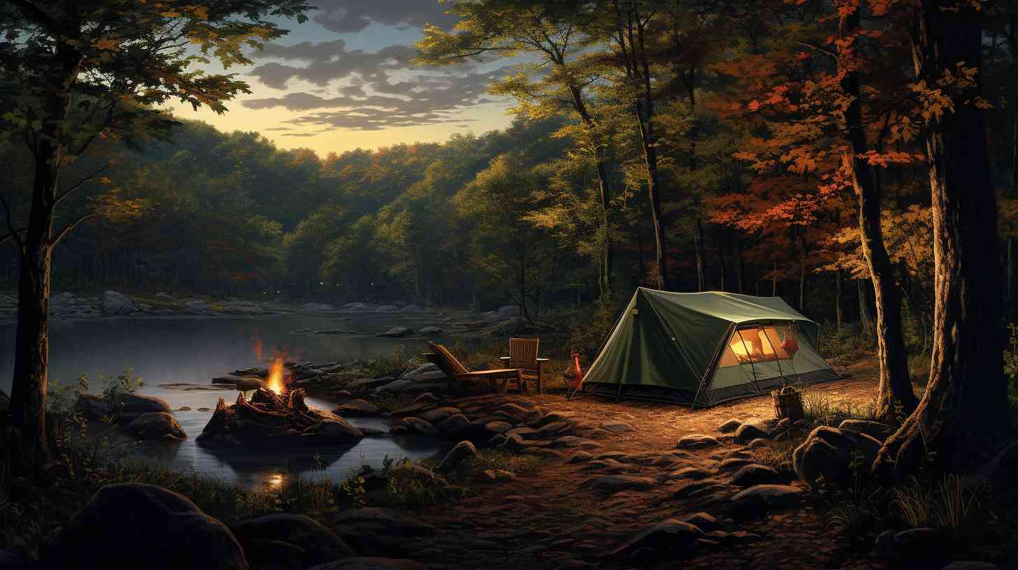 A serene campsite nestled within the New Jersey wilderness, with camping gear and a discreetly concealed firearm.