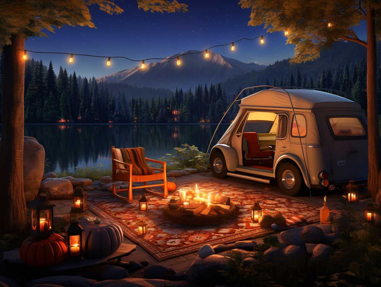 A serene campground scene at dusk with a compact car parked beneath a starlit sky, softly glowing lanterns, and a cozy sleeping setup with blankets, pillows, and camping gear neatly arranged.