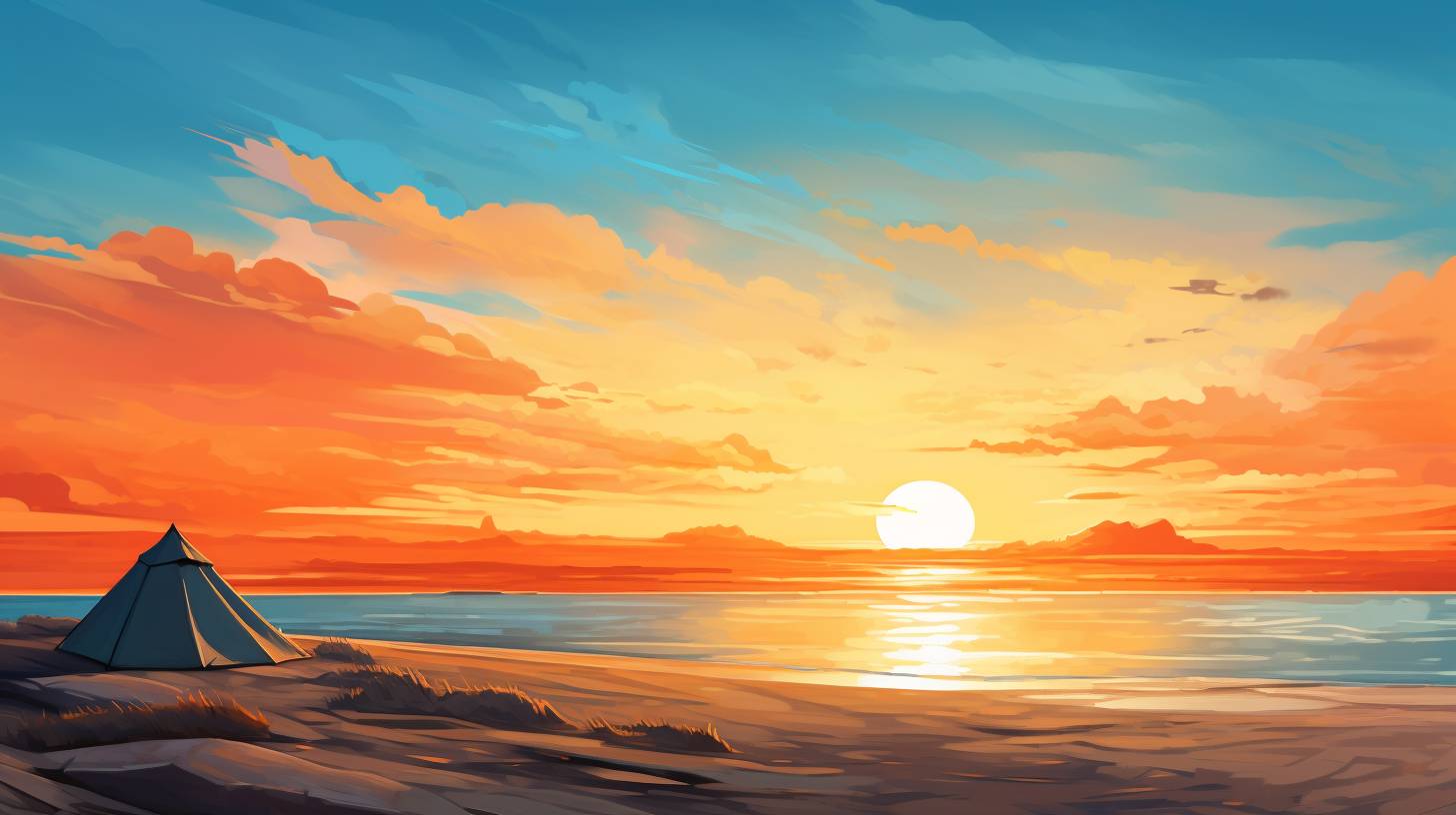 A serene view of Wave Break Island at sunrise, with a lone tent nestled amidst golden sand dunes, bordered by crystal-clear turquoise waters, and a backdrop of vibrant orange hues painting the sky.